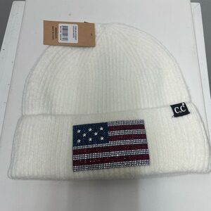 C.C Ivory Knit Beanie with Flag Detail